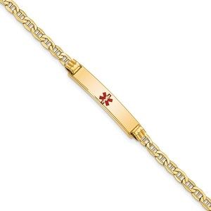14k Yellow Gold Nautical Semi-solid Medical Red Enamel Anchor ID Bracelet, 7"